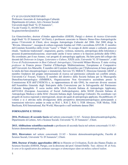 CV Di LIA GIANCRISTOFARO Professore Associato Di Antropologia Culturale Dipartimento Di Lettere, Arti E Scienze Sociali Università Degli Studi “G