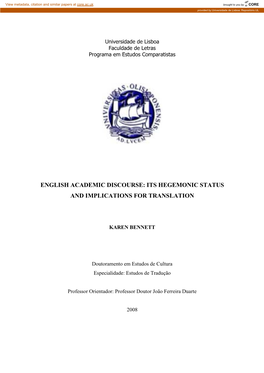 English Academic Discourse: Its Hegemonic Status and Implications for Translation