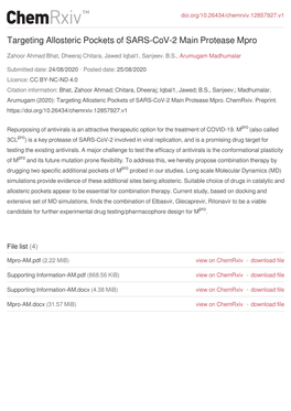 Targeting Allosteric Pockets of SARS-Cov-2 Main Protease Mpro