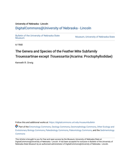 The Genera and Species of the Feather Mite Subfamily Trouessartinae Except <I>Trouessartia</I> (Acarina: Proctophyll