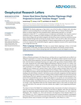 Future Heat Stress During Muslim Pilgrimage (Hajj) 10.1029/2019GL083686 Projected to Exceed “Extreme Danger” Levels Key Point: Suchul Kang1 , Jeremy S