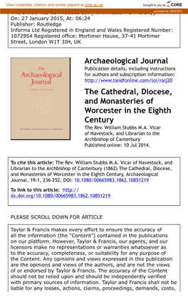 Archaeological Journal the Cathedral, Diocese, and Monasteries Of
