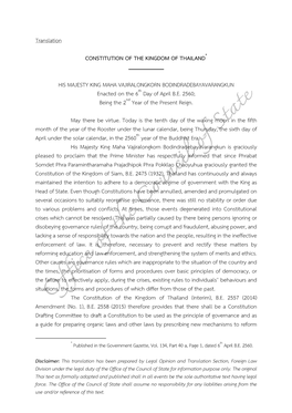 Translation CONSTITUTION of the KINGDOM of THAILAND