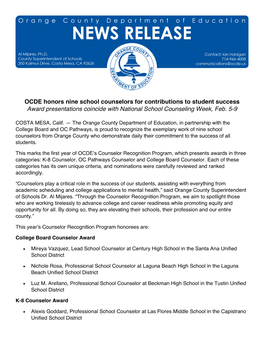 OCDE Honors Nine School Counselors for Contributions to Student Success Award Presentations Coincide with National School Counseling Week, Feb