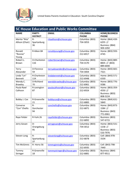 SC House Education and Public Works Committee NAME PARTY- EMAIL COLUMBIA HOME/BUSINESS DISTRICT PHONE PHONE