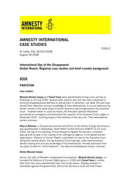 International Day of the Disappeared Global Reach: Regional Case Studies and Brief Country Background