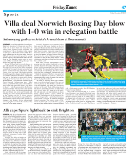 Villa Deal Norwich Boxing Day Blow with 1-0 Win in Relegation Battle Aubameyang Goal Earns Arteta’S Arsenal Draw at Bournemouth
