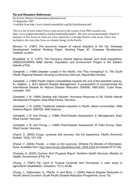 Fiji and Disasters References by Kirstie Méheux Kirstiemeheux@Hotmail.Com 16 September 2007 Available From