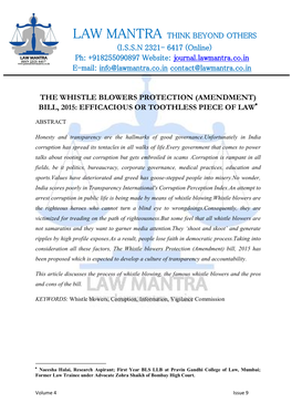 LAW MANTRA THINK BEYOND OTHERS (I.S.S.N 2321- 6417 (Online) Ph: +918255090897 Website: Journal.Lawmantra.Co.In E-Mail: Info@Lawmantra.Co.In Contact@Lawmantra.Co.In