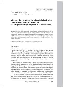 Vision of the Role of Provincial Capitals in Election Campaigns by Political Candidates for City Presidents (Example of 2018 Local Election)
