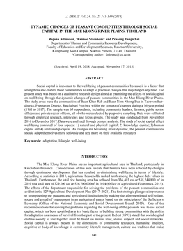 Dynamic Changes of Peasant Communities Through Social Capital in the Mae Klong River Plains, Thailand