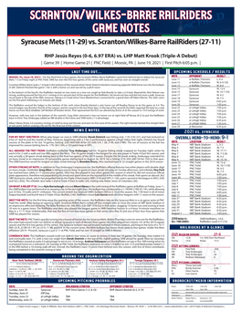 Scranton/Wilkes-Barre Railriders Game Notes Syracuse Mets (11-29) Vs