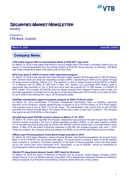 Company News SECURITIES MARKET NEWS LETTER Weekly