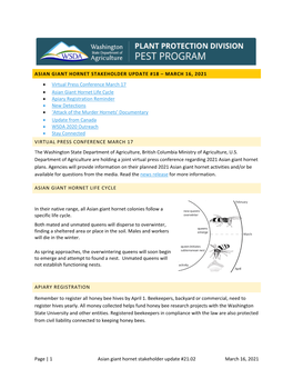 1 Asian Giant Hornet Stakeholder Update #21.02 March 16, 2021 Apiary Registration Forms Can Be Submitted by Mail To: WSDA, PO Box 42591, Olympia, WA 98504‐2560