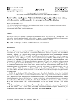 Review of the Cicada Genus Platylomia Stål (Hemiptera, Cicadidae) from China, with Description and Bioacoustics of a New Species from Mts