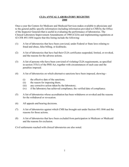 CLIA ANNUAL LABORATORY REGISTRY 2000 Once a Year the Centers for Medicare and Medicaid Services Makes Available to Physicians An