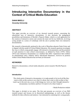 Introducing Interactive Documentary in the Context of Critical Media Education