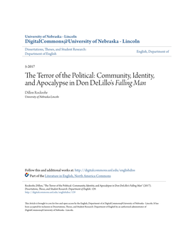 Community, Identity, and Apocalypse in Don Delillo's Falling Man Dillon Rockrohr University of Nebraska-Lincoln