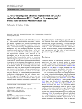 A 3-Year Investigation of Sexual Reproduction in Geodia Cydonium (Jameson 1811) (Porifera, Demospongiae) from a Semi-Enclosed Mediterranean Bay