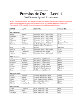 Premios De Oro – Level 4 2009 National Spanish Examination