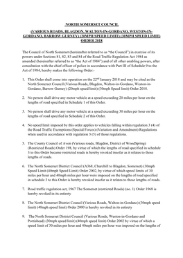 (Various Roads, Blagdon, Walton-In-Gordano, Weston-In- Gordano, Barrow Gurney) (20Mph Speed Limit) (30Mph Speed Limit) Order 2018