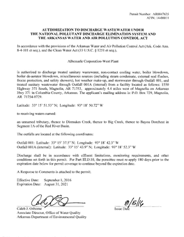 Authorization to Discharge Wastewater Under the National Pollutant Discharge Elimination System and the Arkansas Water and Air Pollution Control Act