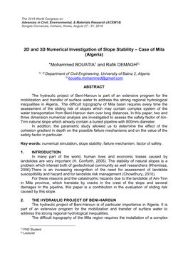 2D and 3D Numerical Investigation of Slope Stability – Case of Mila (Algeria)