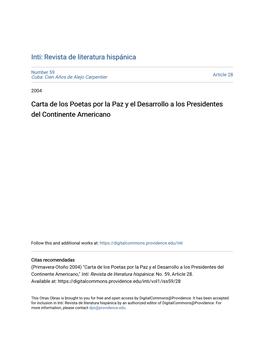 Carta De Los Poetas Por La Paz Y El Desarrollo a Los Presidentes Del Continente Americano