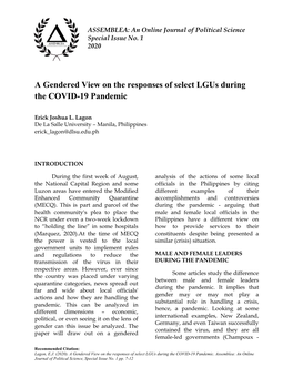 A Gendered View on the Responses of Select Lgus During the COVID-19 Pandemic