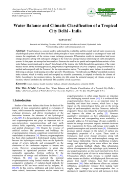 Water Balance and Climatic Classification of a Tropical City Delhi - India