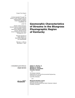 Geomorphic Characteristics of Streams in the Bluegrass Physiographic Region of Kentucky