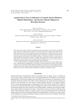 Aquatic Insect Taxa As Indicators of Aquatic Species Richness, Habitat Disturbance, and Invasive Species Impacts in Hawaiian Streams1