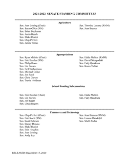 2021-2022 Senate Standing Committees