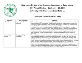 West Lakes Division of the American Association of Geographers 2019 Annual Meeting | October 24 – 26, 2019 University of Northern Iowa | Cedar Falls, IA