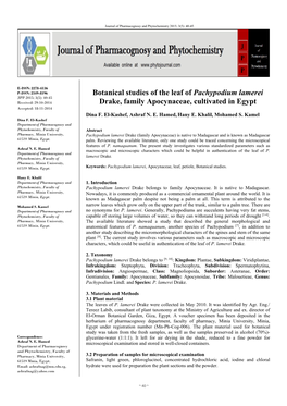 Botanical Studies of the Leaf of Pachypodium Lamerei Drake, Family Apocynaceae, Cultivated in Egypt