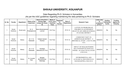 Data Regarding Ph.D. Scholars in Humanities (As Per the UGC Guidelines Regarding Maintaiving the Data Pertaining to Ph.D