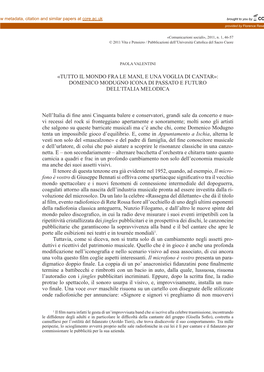 «TUTTO IL MONDO FRA LE MANI, E UNA VOGLIA DI CANTAR»: DOMENICO MODUGNO ICONA DI PASSATO E FUTURO DELL'italia MELODICA Nell