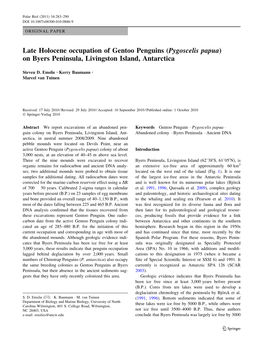 Late Holocene Occupation of Gentoo Penguins (Pygoscelis Papua) on Byers Peninsula, Livingston Island, Antarctica