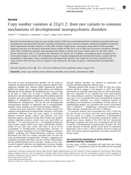 Copy Number Variation at 22Q11.2: from Rare Variants to Common Mechanisms of Developmental Neuropsychiatric Disorders