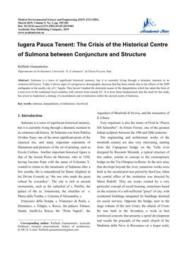 Iugera Pauca Tenent: the Crisis of the Historical Centre of Sulmona Between Conjuncture and Structure