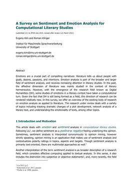 A Survey on Sentiment and Emotion Analysis for Computational Literary Studies