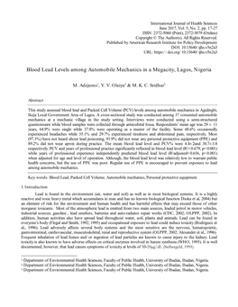 Blood Lead Levels Among Automobile Mechanics in a Megacity, Lagos, Nigeria