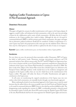 Applying Conflict Transformation in Cyprus: a Neo-Functional Approach