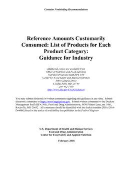 Reference Amounts Customarily Consumed: List of Products for Each Product Category: Guidance for Industry