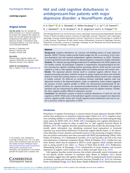 Hot and Cold Cognitive Disturbances in Antidepressant-Free Patients with Major Cambridge.Org/Psm Depressive Disorder: a Neuropharm Study