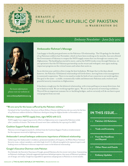 IN THIS ISSUE... Pakistan Reopens NATO Supply Lines, Signs MOU with U.S