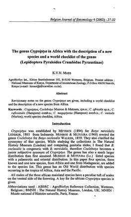 The Genus Crypsiptya in Africa with the Description of a New Species and a World Checklist of the Genus (Lepidoptera Pyraloidea Crambidae Pyraustinae)