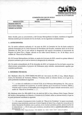 Informe No. IC-O-2015-254 COMISIÓN DE USO DE SUELO -E E TERRITORIAL- RESOLUCIÓN FECHA SUMILLA PRIMER DEBATE: SEGUNDO DEBATE: OBSERVACIONES