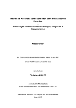 Hawaii Als Klischee: Sehnsucht Nach Dem Musikalischen Paradies. — Eine Analyse Anhand Paradiesvorstellungen, Songtexten & Instrumentation