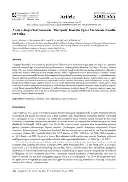 A New Oviraptorid (Dinosauria: Theropoda) from the Upper Cretaceous of South- Ern China